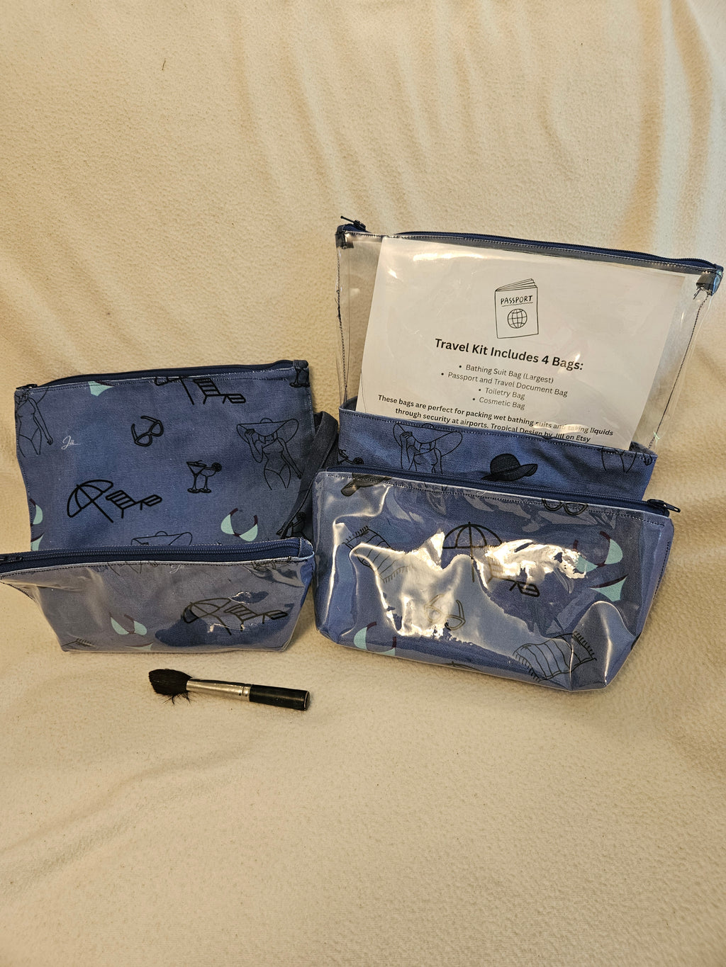 4 Bag Travel Set, Bathing Suit, Passport, Toiletry and Makeup Bags