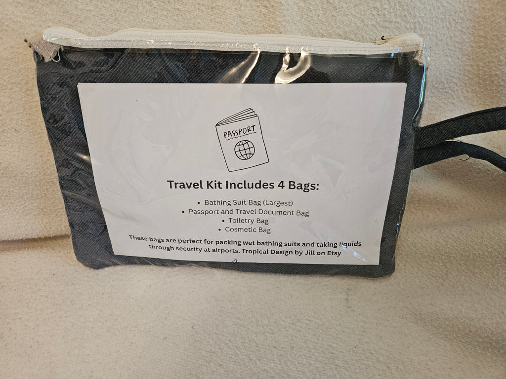 4 Bag Travel Set, Bathing Suit, Passport, Toiletry and Makeup Bags